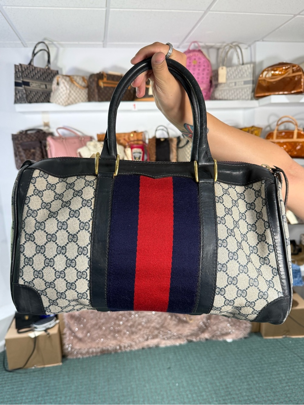 GUCCI BLUE MONOGRAM DUFFLE BAG
